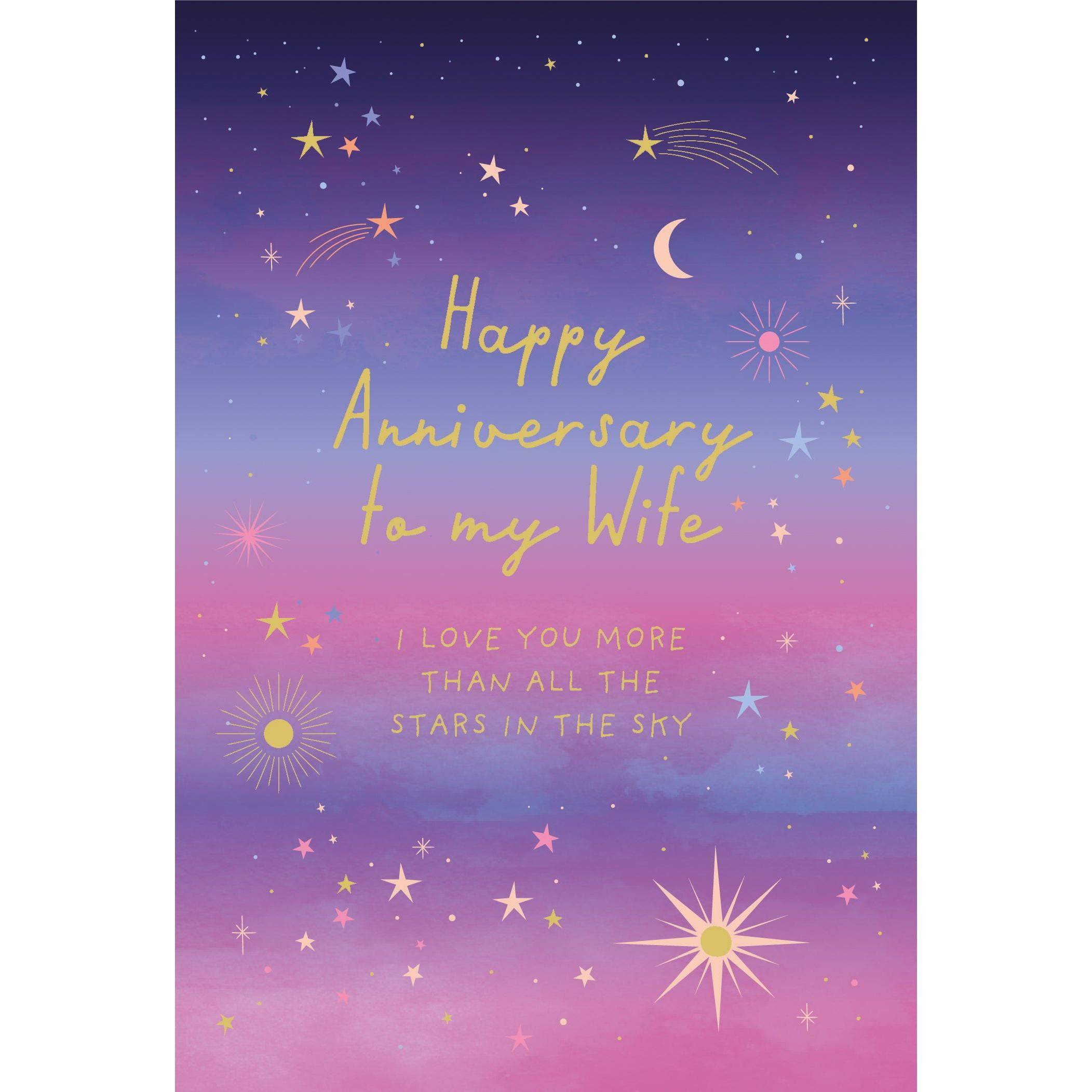 Pictura Stars In The Sky Wife Anniversary Card featuring a night sky with stars, suitable for celebrating special occasions.